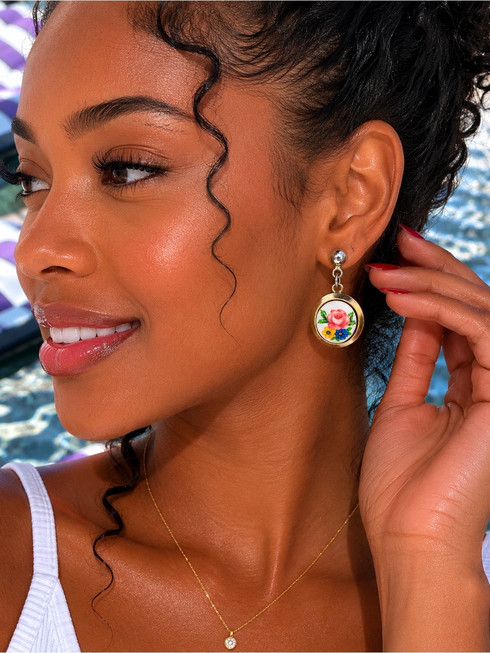 Vintage Floral Porcelain Drop Earrings by